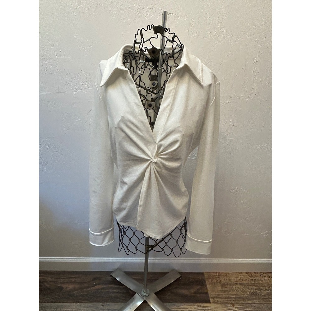Banana Republic White Twist Front Long Sleeve V-Neck Collared Top Size M